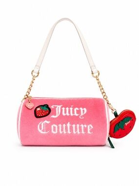 Juicy Couture Pink Velvet Strawberry Shoulder Bag with Gold Chain